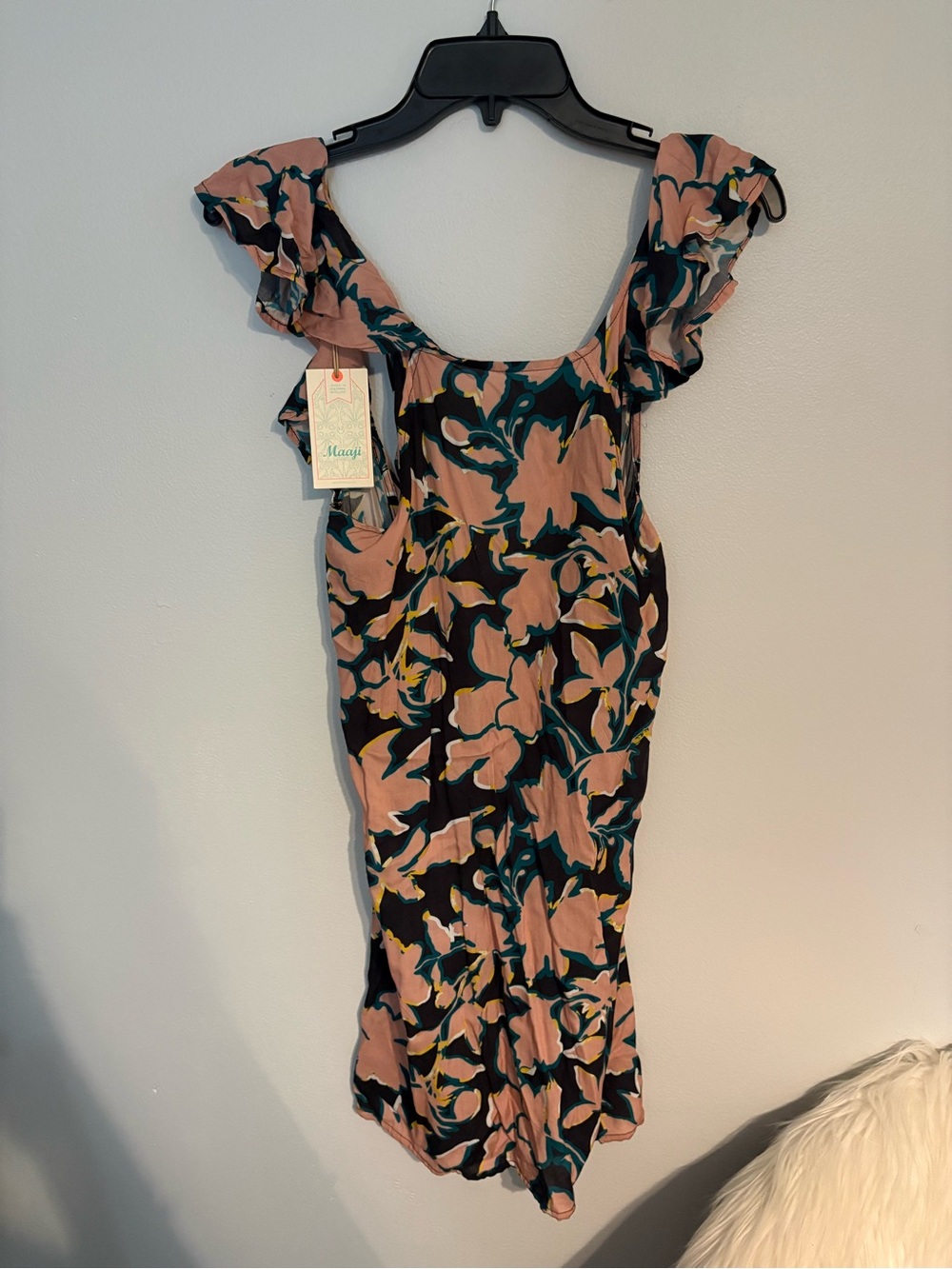 Maaji Blush Pink Floral Midi Dress with Ruffled Cap Sleeves